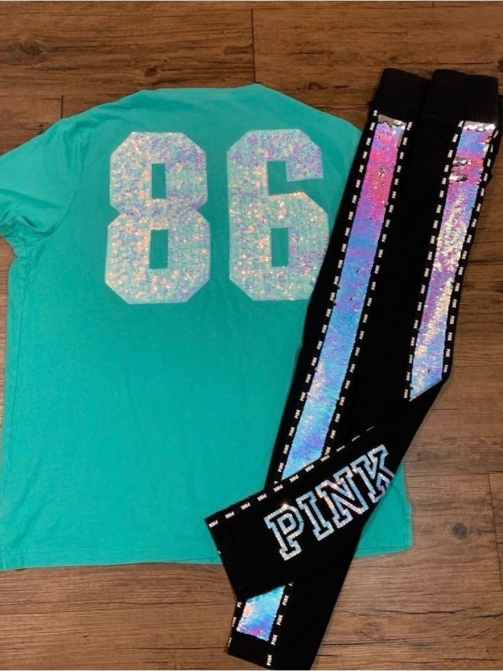 VS PINK MERMAID AQUA BLING 86 TSHIRT / YOGA LEGGINGS OUTFIT SET LARGE